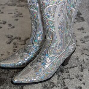 Helen's Heart SilverGlitter Sequin Embroidered Tall‎ Zip Cowboy Boots Sz7